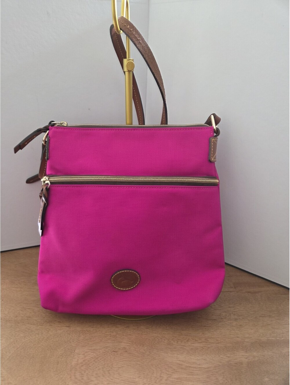 Dooney & Bourke Fuchsia Pink Nylon Crossbody Bag Brown Leather Trim